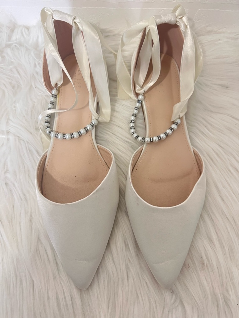 Kailee P Cream Pointed Toe Satin Bridal Ballet Flats Beaded Ankle Ribbon 11